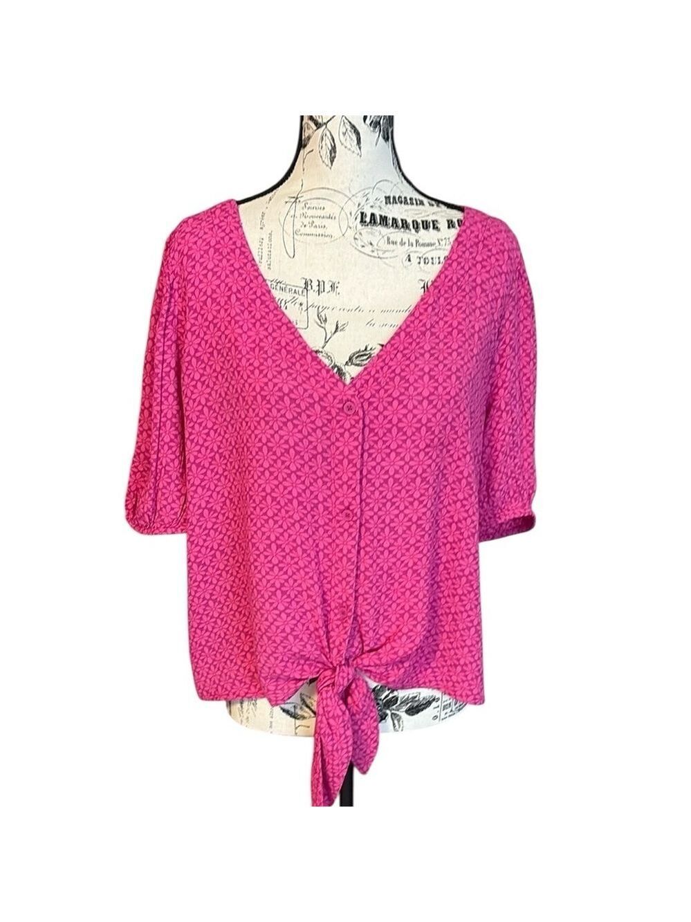 LOFT Tie Front Top Cropped Puff Sleeve V Neck Pink Print Size M